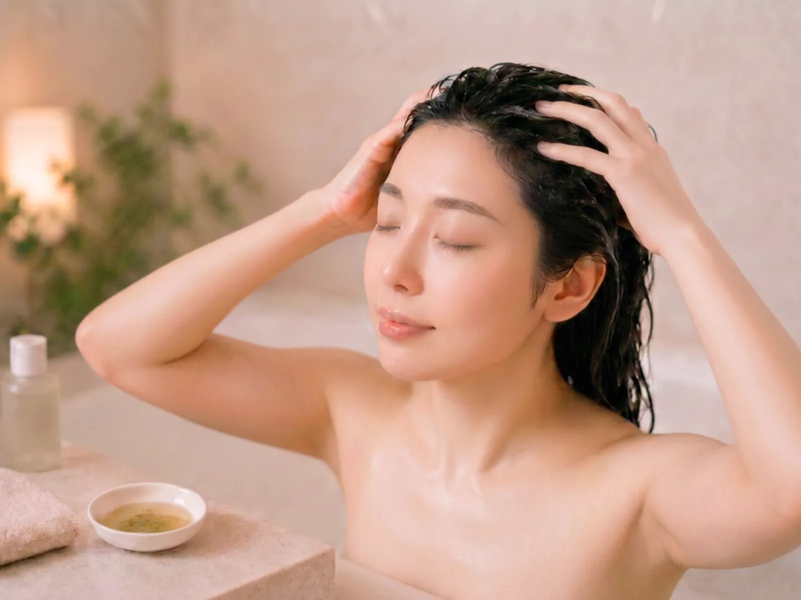 薄く溶いたSLEEKを髪の生え際や頭皮になじませるホームスパ